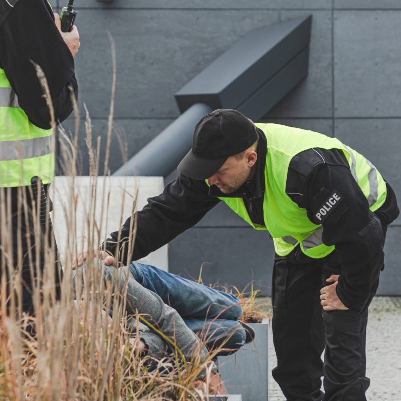 During a patrol, police officers wake up a homeless man lying on a park bench